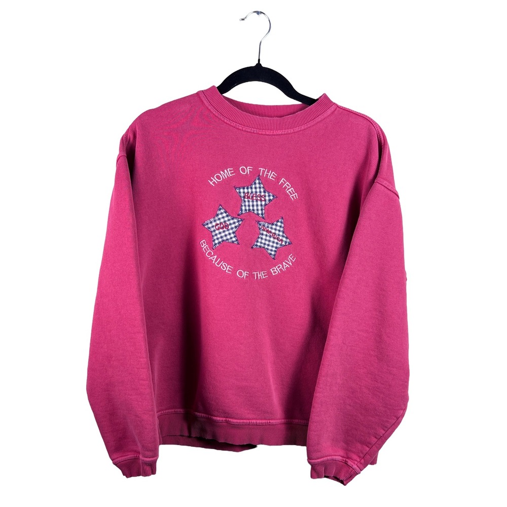 90s Vintage Americana Gingham Stars Crewneck Sweatshirt Pink M Grandmacore